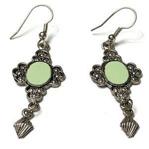 Drop Dangle Earrings Mint Green Enamel Floral Silver Tone Retro Design Hook